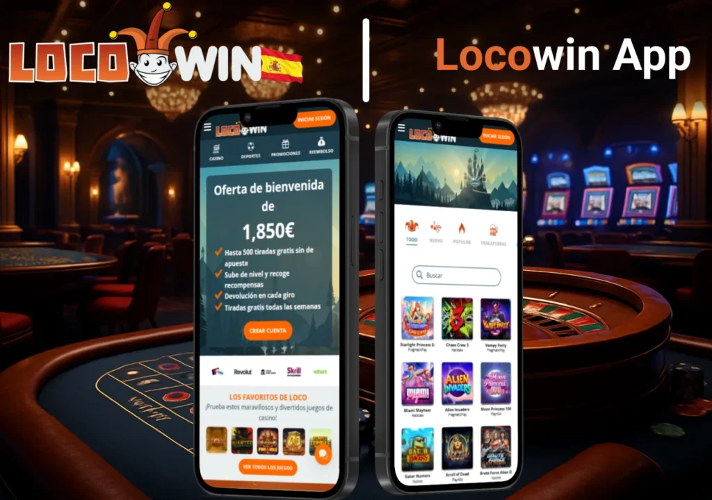 Vista de la app móvil de Locowin mostrando registro, bono de bienvenida y catálogo de juegos para usuarios en España.