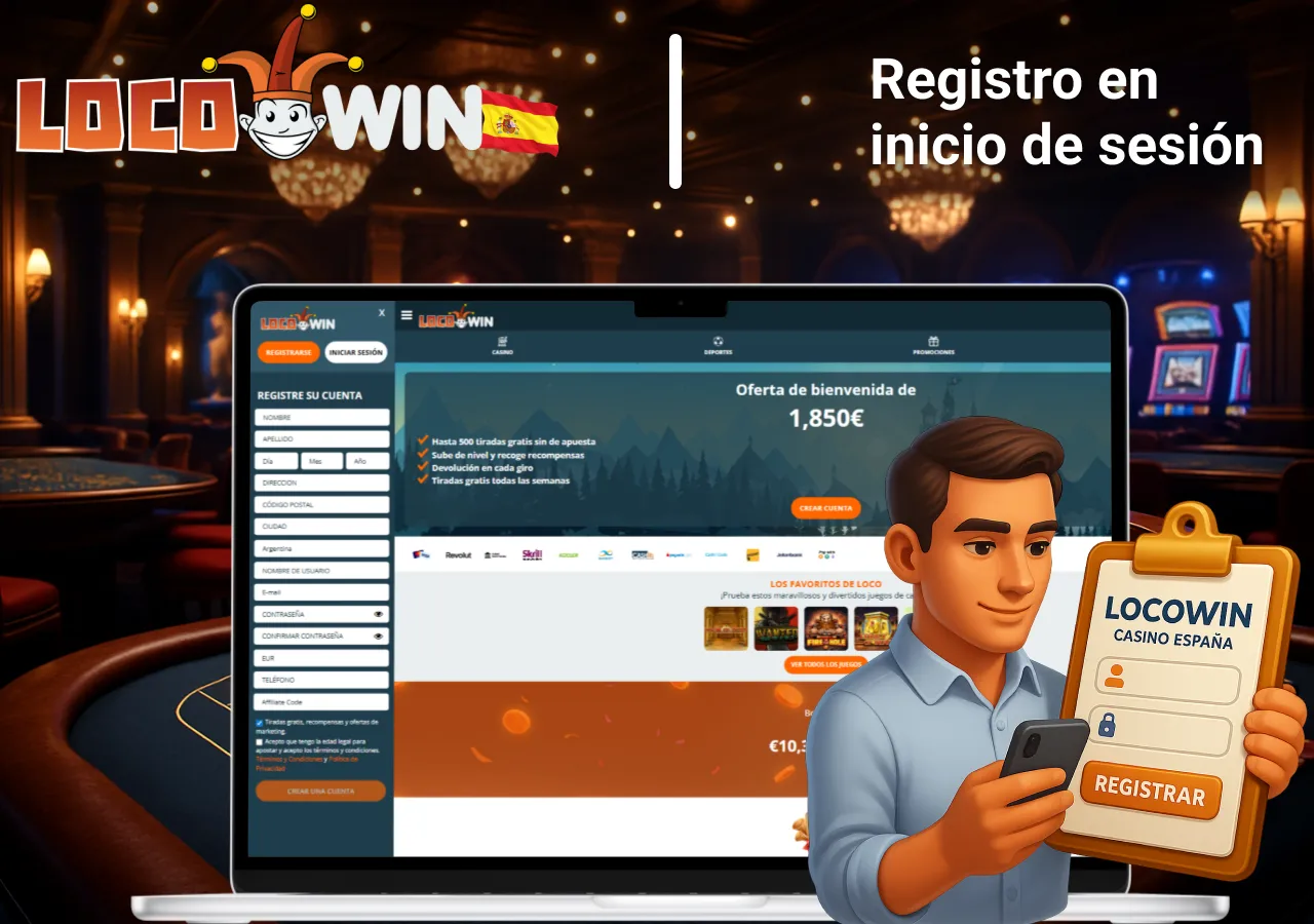 Formulario de registro y acceso en un portátil junto a un personaje con tabla de datos de inicio de sesión