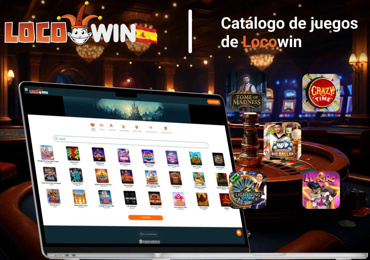 Catálogo de juegos con tragaperras populares mostrado en un portátil junto a iconos de juegos destacados